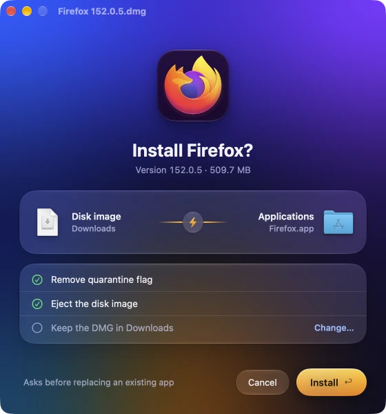 RunDMG asks: Install Firefox? Version 152.0.5, 509.7 MB. The disk image goes to Applications. Remove quarantine flag and eject the disk image are checked.