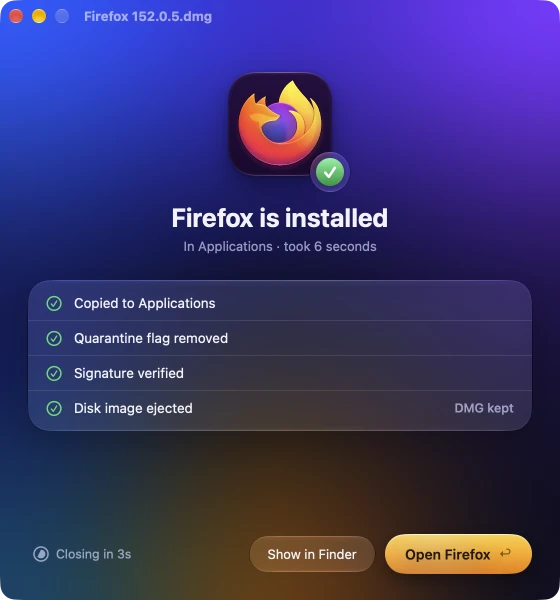 Firefox is installed. In Applications, took 6 seconds. Copied to Applications, quarantine flag removed, signature verified, disk image ejected. Buttons: Show in Finder, Open Firefox.