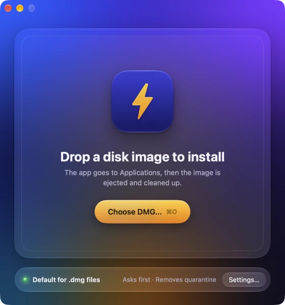 RunDMG's window: a drop area that says Drop a disk image to install, a Choose DMG button, and a green light for Default for .dmg files