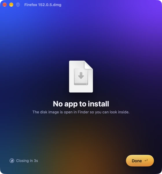 RunDMG says: No app to install. The disk image is open in Finder so you can look inside.