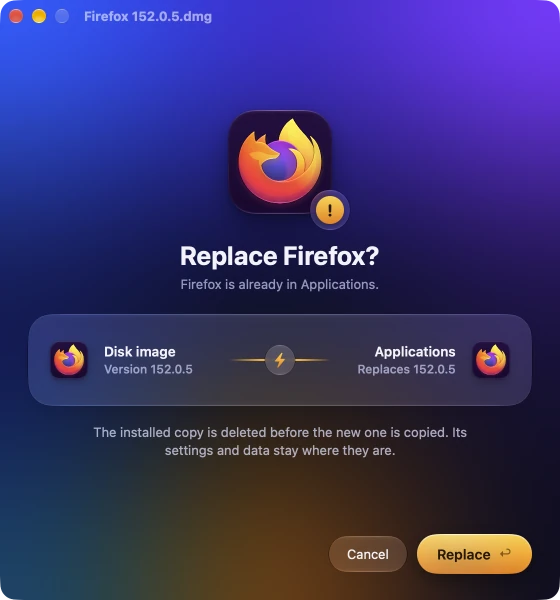 RunDMG asks: Replace Firefox? Firefox is already in Applications. Buttons: Cancel and Replace.