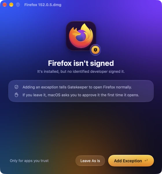 RunDMG says: Firefox isn't signed. Buttons: Leave As Is and Add Exception.